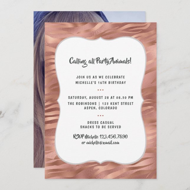 Rose Gold Foil Tiger Stripes Any Age Birthday Invitation (Front/Back)