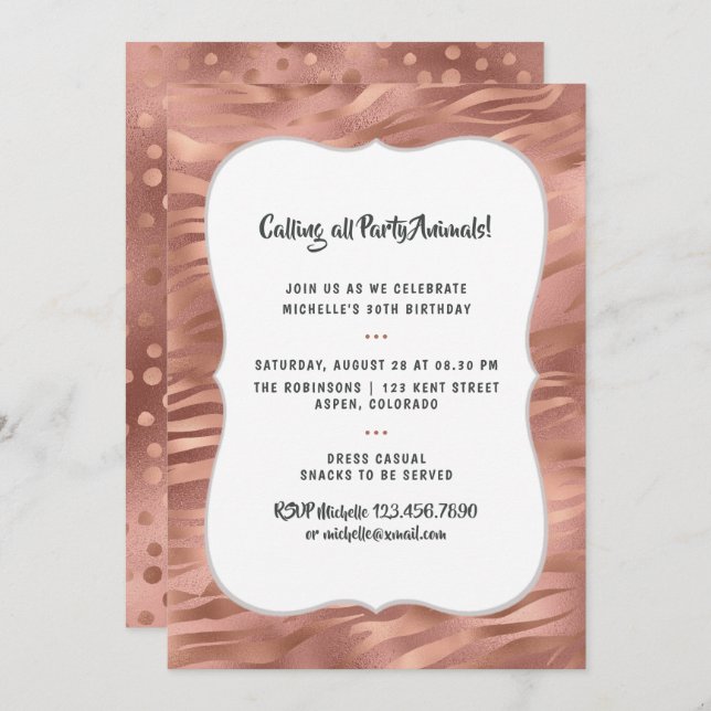 Rose Gold Foil Tiger Stripes Any Age Birthday Invitation (Front/Back)