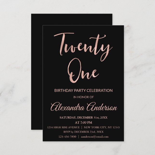 Rose Gold Foil Twenty One 21st Birthday Invitation (Front/Back)