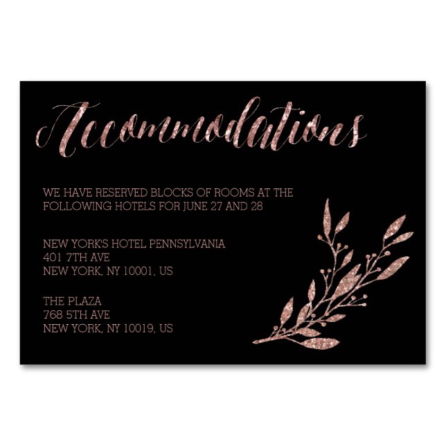 Rose Gold Foil Wedding Accommodation Floral Black Table Number (Front)