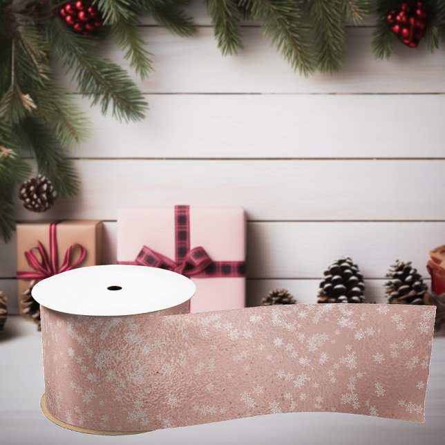 Rose Gold Foil White Snowflakes Christmas Holiday Satin Ribbon (Creator Uploaded)