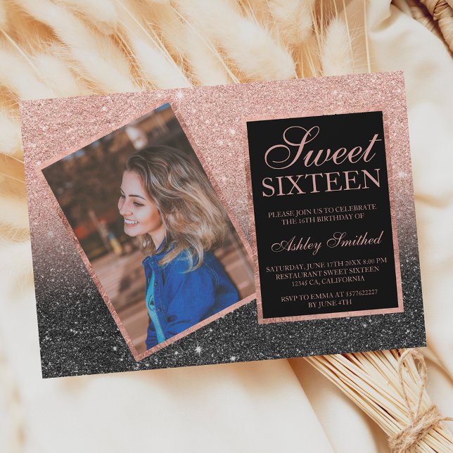 Rose gold frame black glitter ombre photo Sweet 16 Invitation (Creator Uploaded)