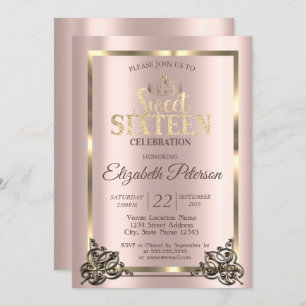 Rose Gold Frame,Border,Tiara Sweet 16 Party Invita Invitation