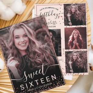 Rose gold frame confetti pink 5 photos sweet 16 invitation