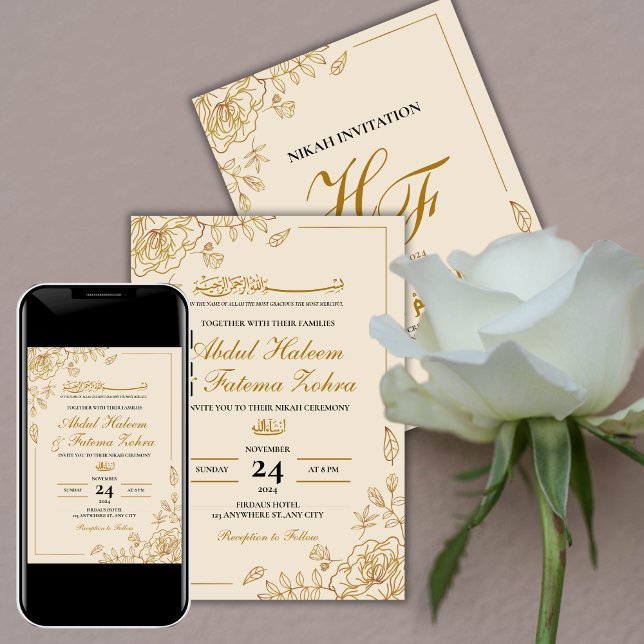 Rose Gold Frame Elegant White Paper Modern Nikah Invitation (Creator Uploaded)