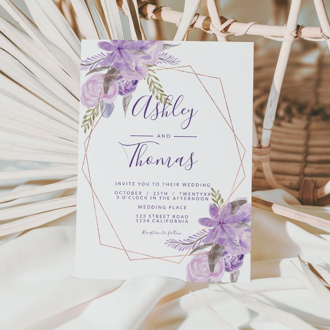 Rose gold frame purple floral watercolor wedding invitation (Creator Uploaded)