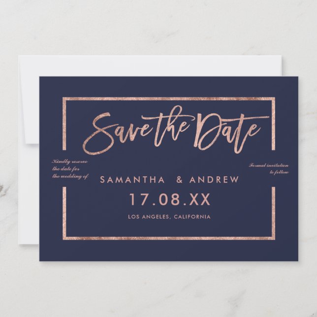 Rose gold frame script navy blue save the date (Front)