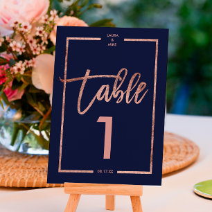 Rose gold frame script navy blue table number