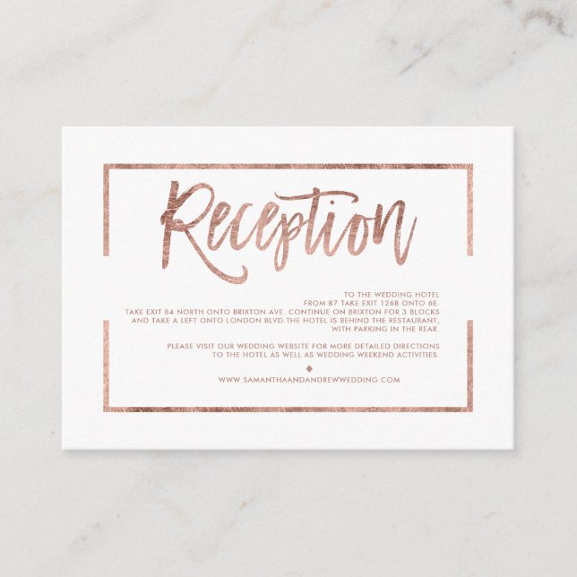 Rose gold frame script white simple reception enclosure card (Front)