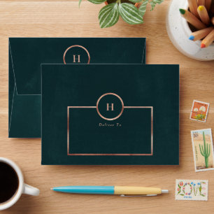 Rose Gold Frames & Emerald Monogram Wreath Wedding Envelope