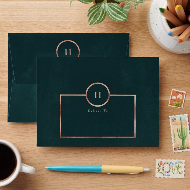 Rose Gold Frames & Emerald Monogram Wreath Wedding Envelope (Desk)