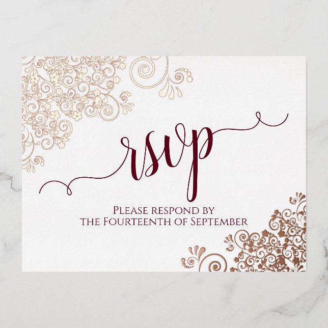 Rose Gold Frills & Burgundy on White Wedding RSVP Foil Invitation Postcard (Front)