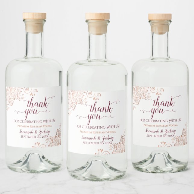 Rose Gold Frills & Burgundy Wedding Thank You Liquor Bottle Label (Bottles)