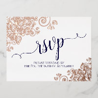 Rose Gold Frills & Navy on White Wedding RSVP
