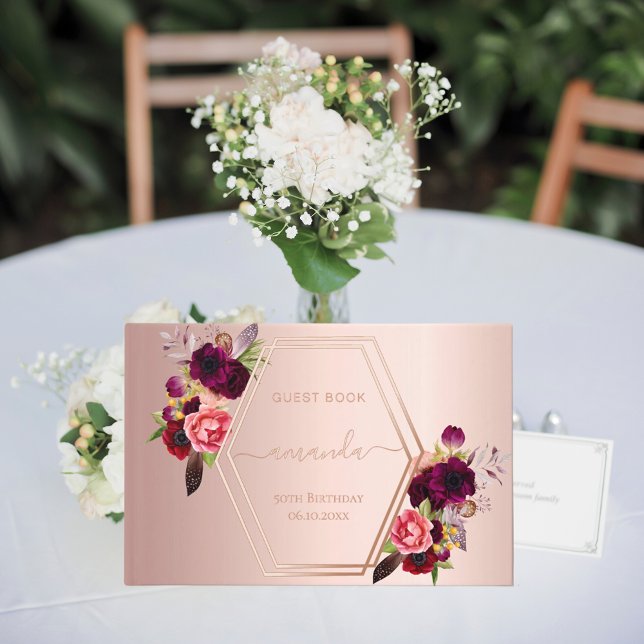 Rose gold geometric burgundy florals Birthday Guest Book (Creator Uploaded)