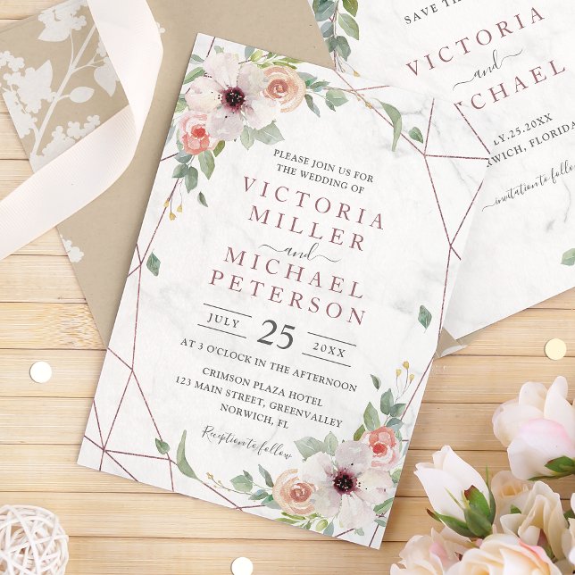 Rose Gold Geometric Floral Bohemian Pink Wedding Invitation (Creator Uploaded)