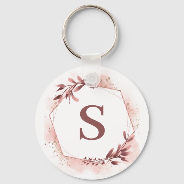 Rose Gold Geometric Floral Personalised Monogram Key Ring (Front)