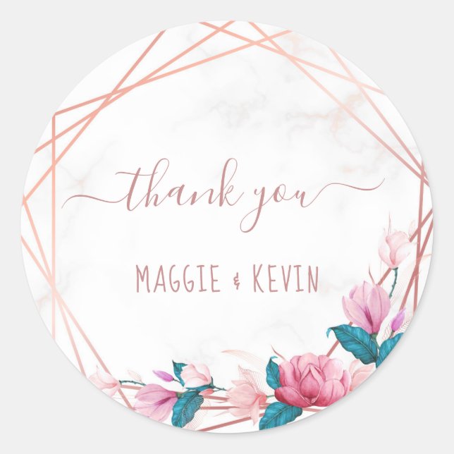 Rose Gold Geometric Frame With Floral On Marble Classic Round Sticker (Front)