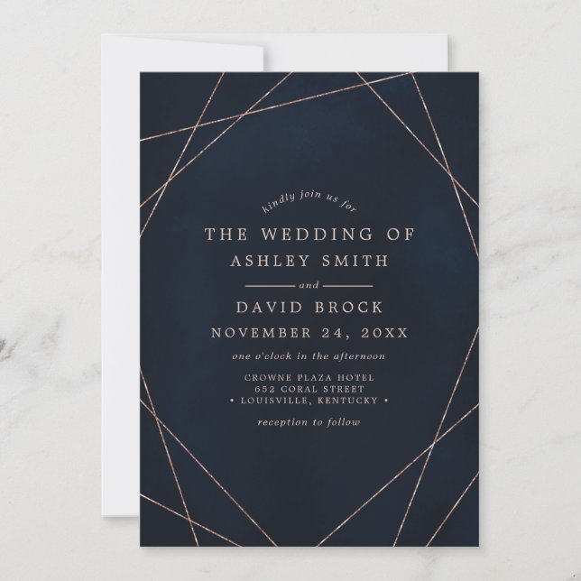 Rose Gold Geometric Midnight Blue Wedding Invitation (Front)