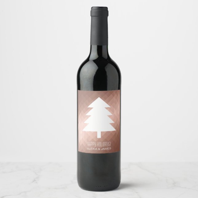 Rose Gold geometric minimal christmas tree names Wine Label (Front)
