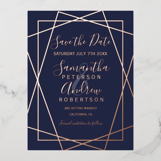 Rose gold geometric navy blue script save the date foil invitation postcard (Front)