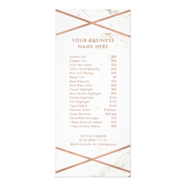 Rose Gold Geometric on Marble Price List Service Rack Card (Front)
