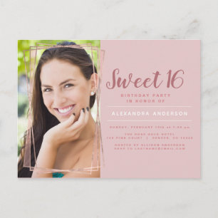 Rose Gold Geometric Photo Sweet 16 Birthday Postcard