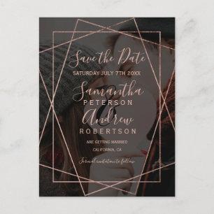 Rose gold geometric script photo save the date announcement postcard