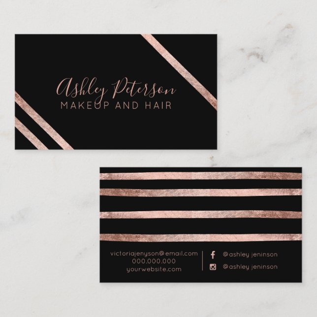 Rose gold geometric stripes hair makeup typography business card (Front/Back)