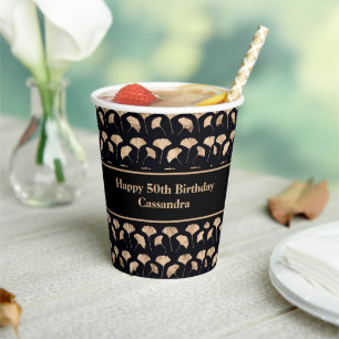 Rose gold ginko leaves 50th birthday personalised paper cups