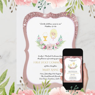 Rose Gold Girls Floral First Holy Communion Invita Invitation