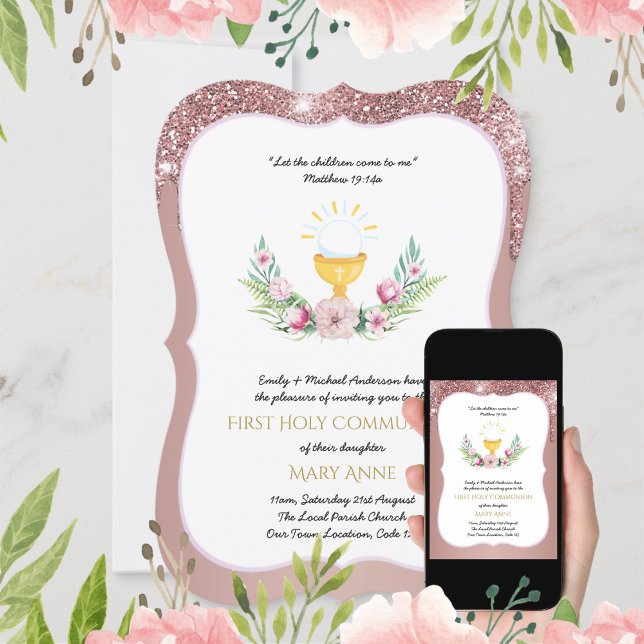 Rose Gold Girls Floral First Holy Communion Invita Invitation (Creator Uploaded)