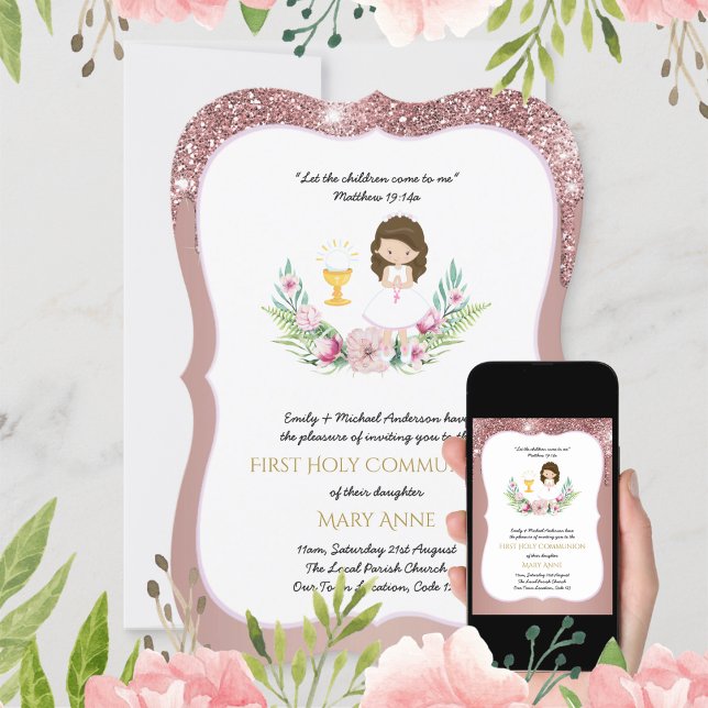 Rose Gold Girls Floral First Holy Communion Invitation (Creator Uploaded)