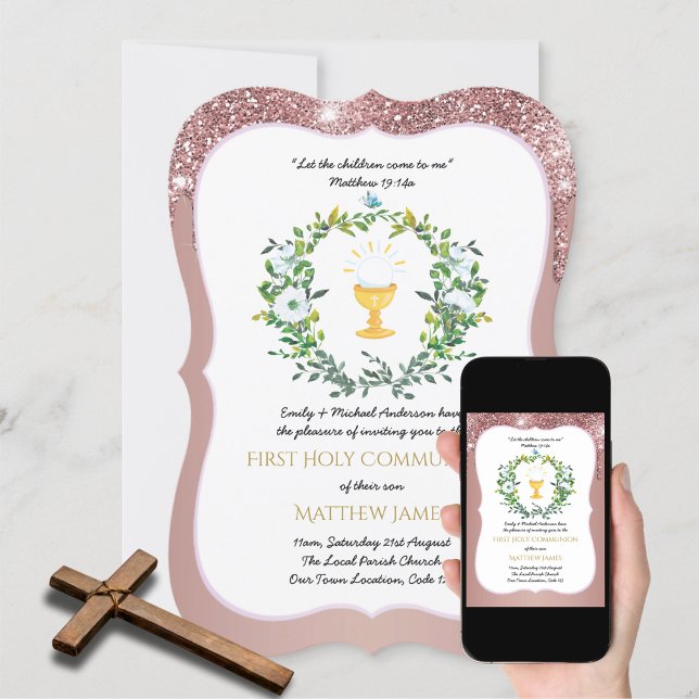 Rose Gold Girls Floral First Holy Communion Invitation (Creator Uploaded)