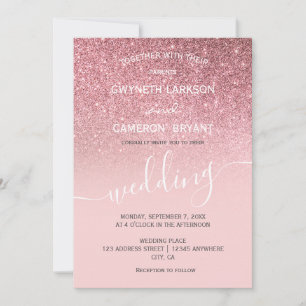 Rose gold girly glitter modern script invitation