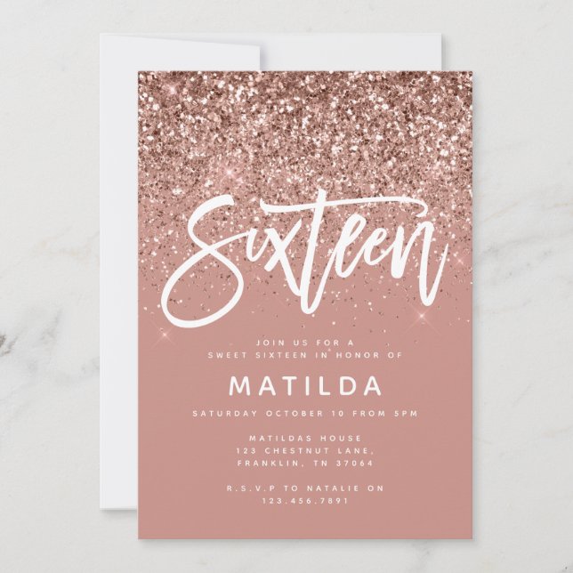 Rose gold girly glitter modern sweet 16 birthday announcement (Front)