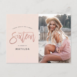 Rose gold girly glitter photo sweet 16 birthday postcard