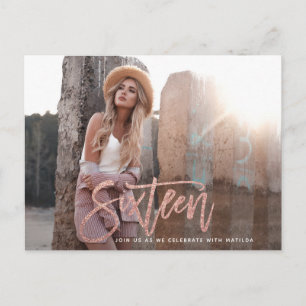 Rose gold girly glitter photo sweet 16 birthday postcard