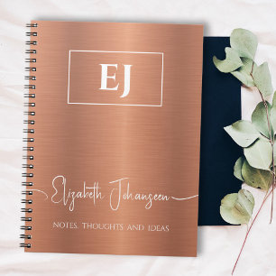 Rose Gold Girly Monogram Script Brushed Metal Foil Notebook