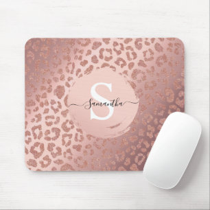Rose Gold Glam Animal Print Glitter Brush Monogram Mouse Pad