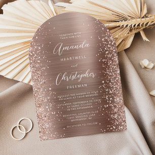 Rose Gold Glam Brushed Metal Glitter Arch Wedding Invitation