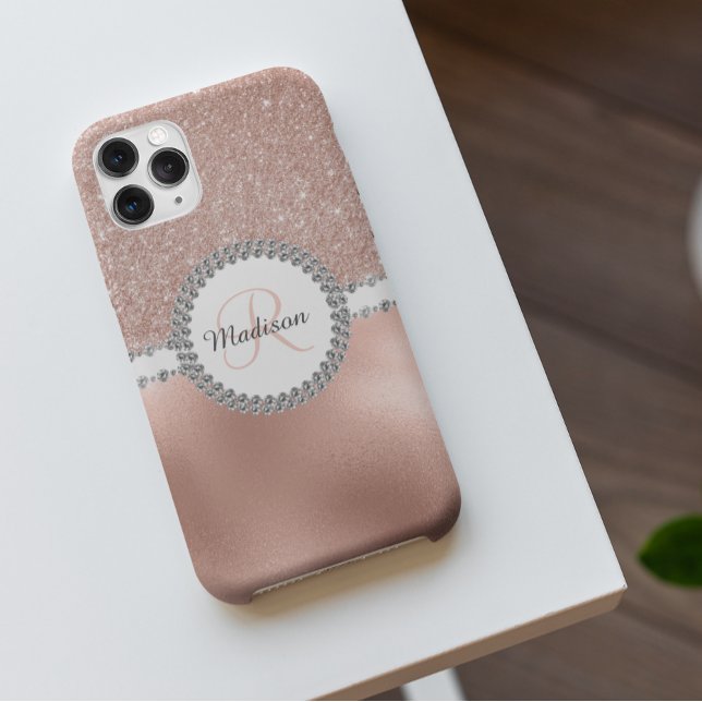 Rose Gold Glam Diamond Monogram Trendy Case-Mate iPhone Case (Creator Uploaded)