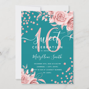 Rose Gold Glam Floral Glitter Sweet Sixteen Teal Invitation
