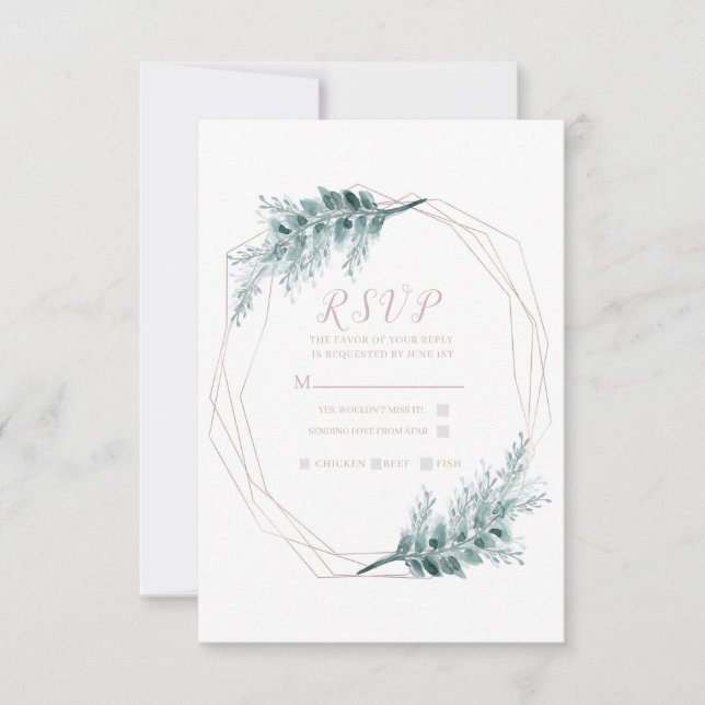 Rose Gold Glam Geometric Botanical Wedding RSVP (Front)