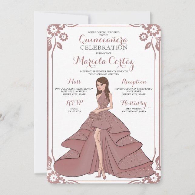 Rose Gold Glam Girl Quinceañera Invitation (Front)