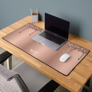 Rose Gold Glam Girly Sparkles Luxury Monogram Desk Mat