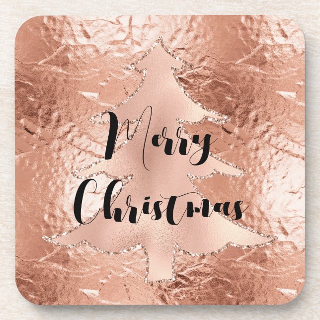 Rose Gold Glam Glitter Christmas Tree Coaster (Front)