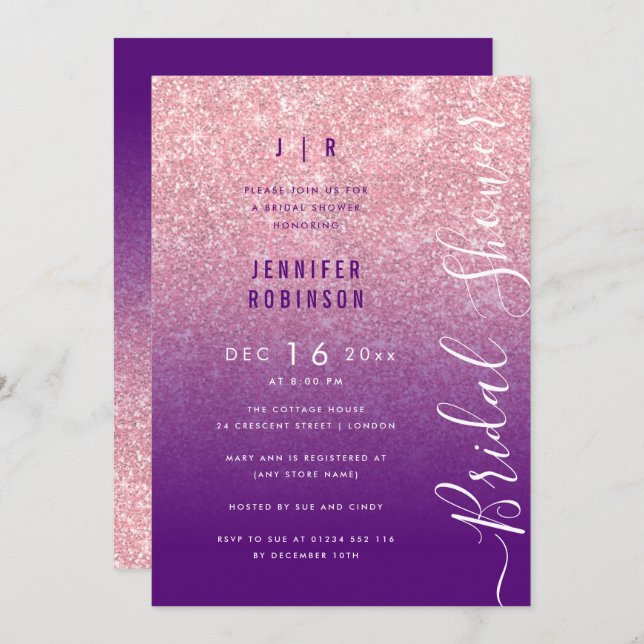 Rose Gold Glam Glitter Script Bridal Shower Purple Invitation (Front/Back)