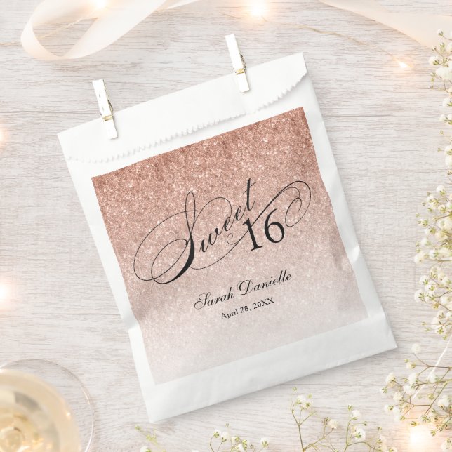 Rose Gold Glam Glitter Sweet 16 Script Custom Favour Bags (Clipped)