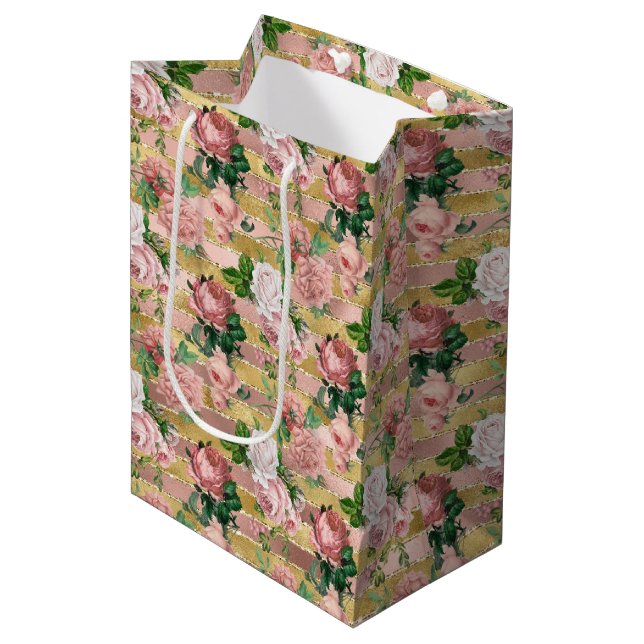 Rose Gold Glam Glitz Roses Floral Stripes      Medium Gift Bag (Front Angled)